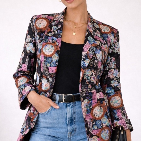 Yours ASAP California Jackets & Blazers - Vintage Floral Satin Blazer Sz S Black Maximalist Jacket Statement Feminine Art